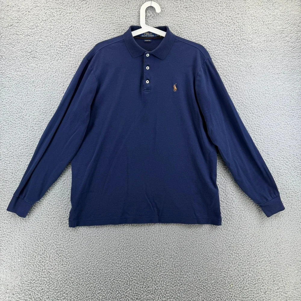 Polo Ralph Lauren Mens Large Long Sleeve Polo Shirt  Blue Classic Fit Flesh Pony